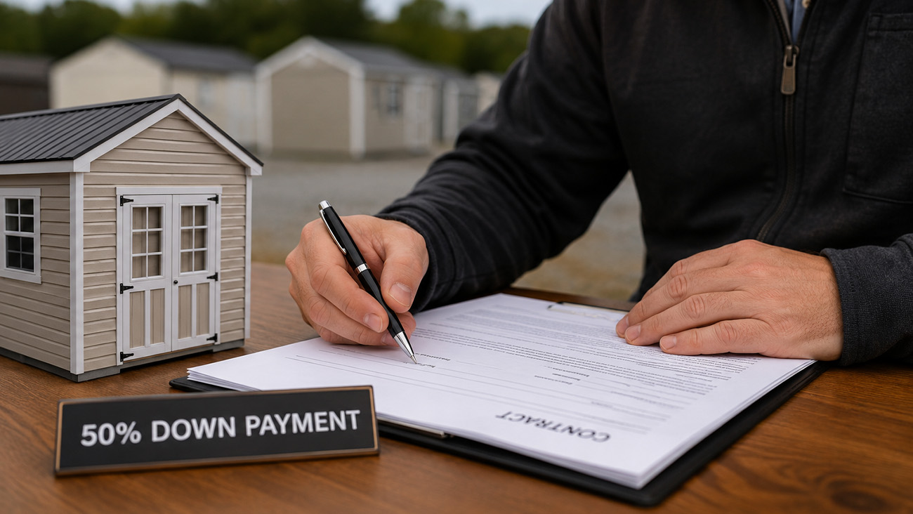 Customer signing paperwork for a 50 percent down payment on a custom storage shed.