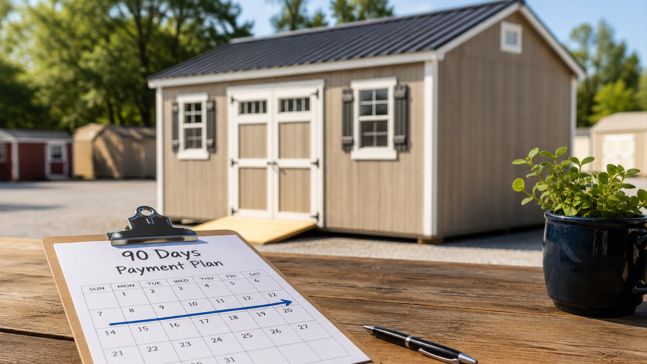 90 days same as cash payment plan for a custom storage shed from Carolina Structures.