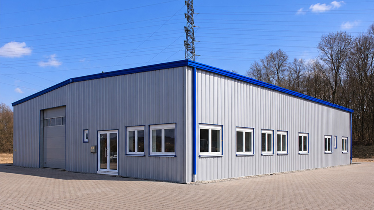 Commercial steel building with brick wainscot facade