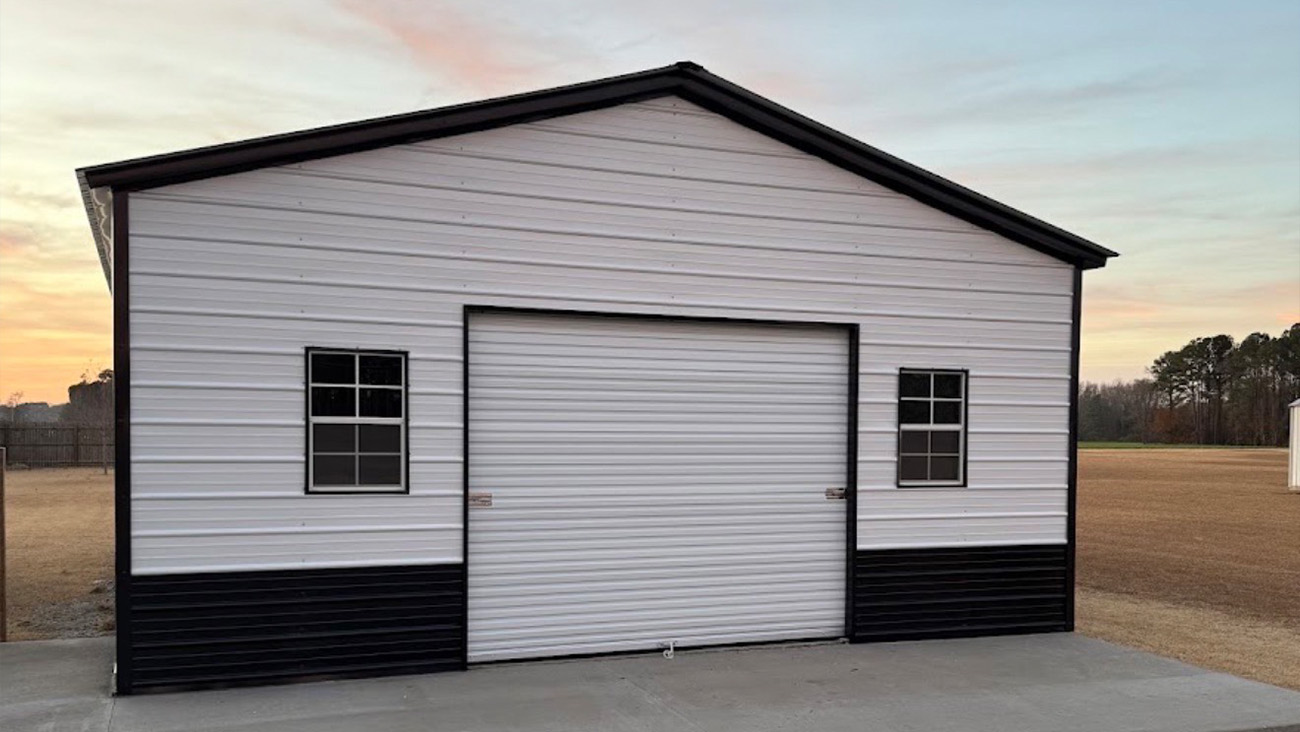 Metal workshop with walk-in door and windows