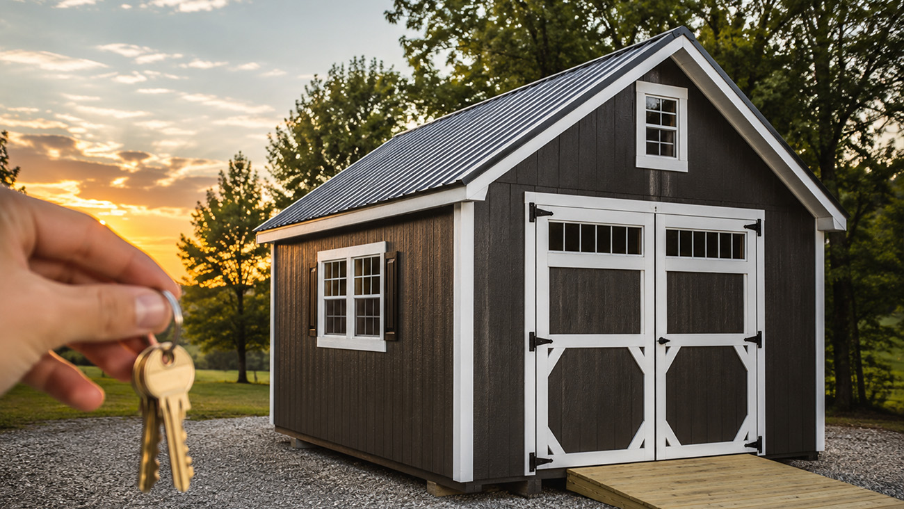 Customer holding keys in front of a custom storage shed from Carolina Structures in North Carolina.