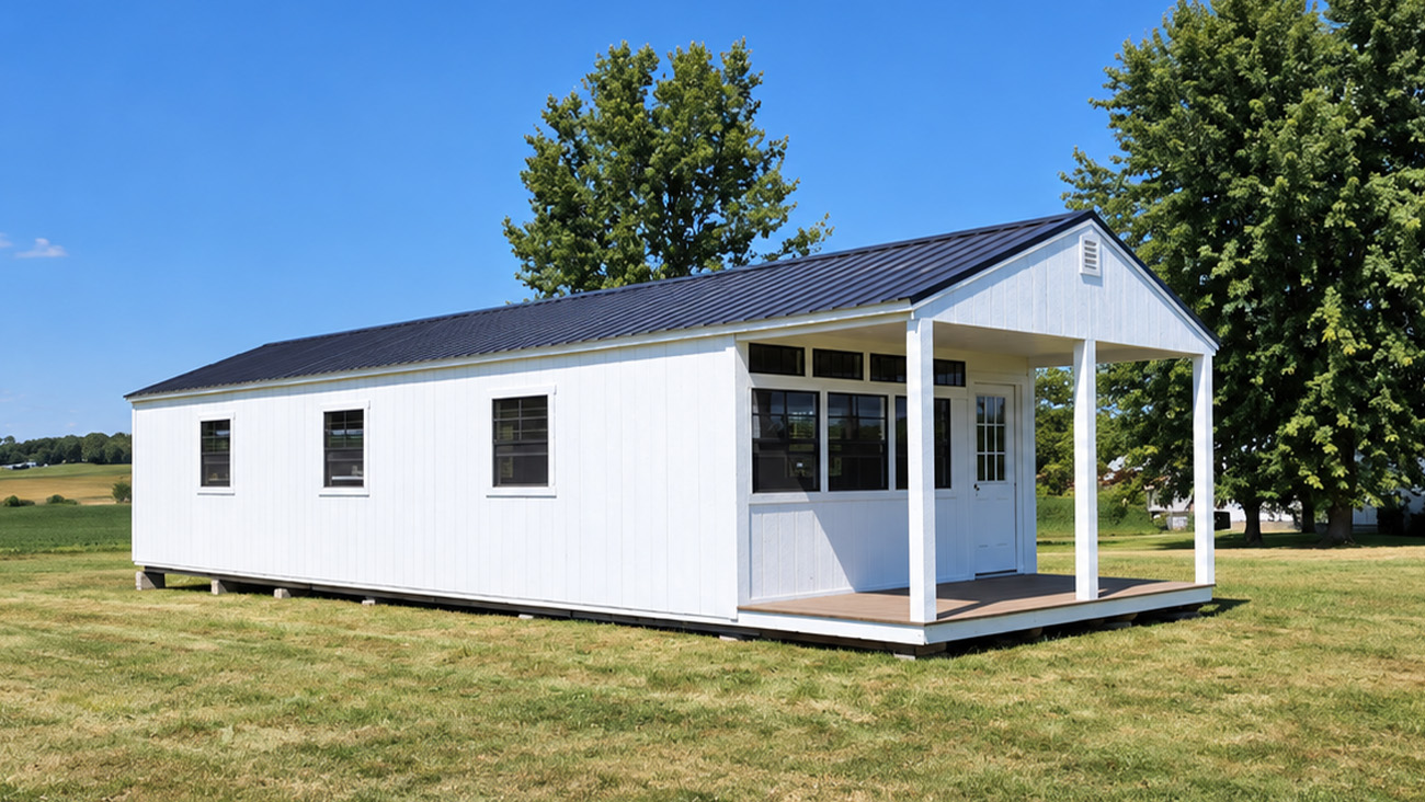 Portable cabin with metal roof and rocking chairs on porch