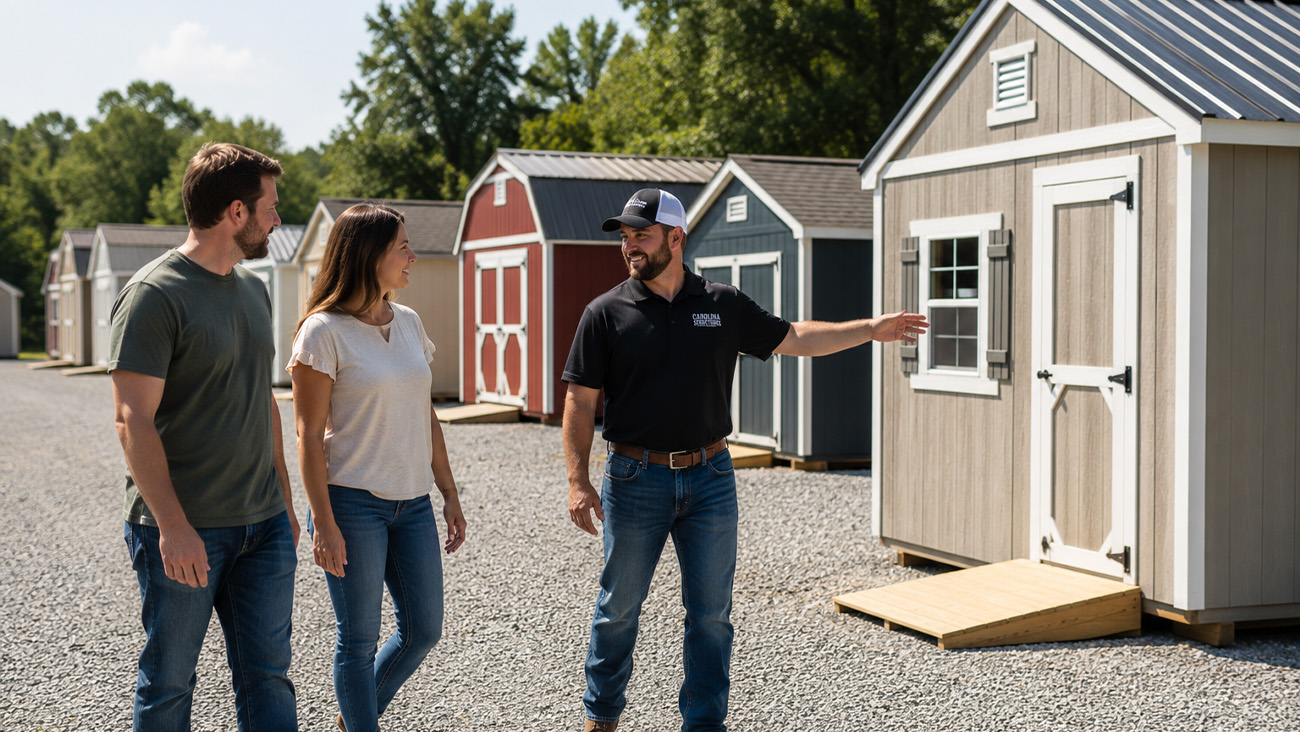 Customers exploring rent-to-own storage sheds with a Carolina Structures team member.