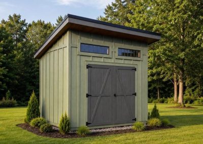 Sun Studio with green siding and grey double doors in NC