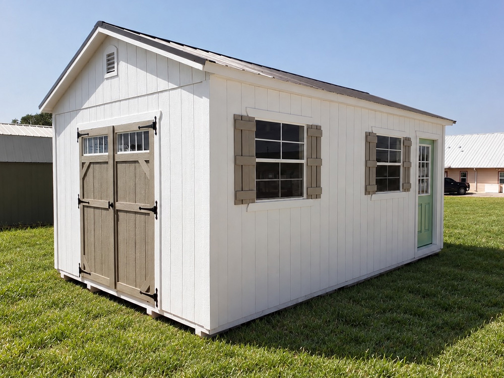 White and brown storage shed with white trim and metal roof